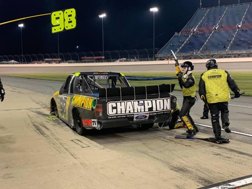 His teammate Grant Enfinger led 49 of the first 73 laps and won Stage 2 before finishing 16th. His teammate Grant Enfinger led 49 of the first 73 laps and won Stage 2 before finishing 16th.